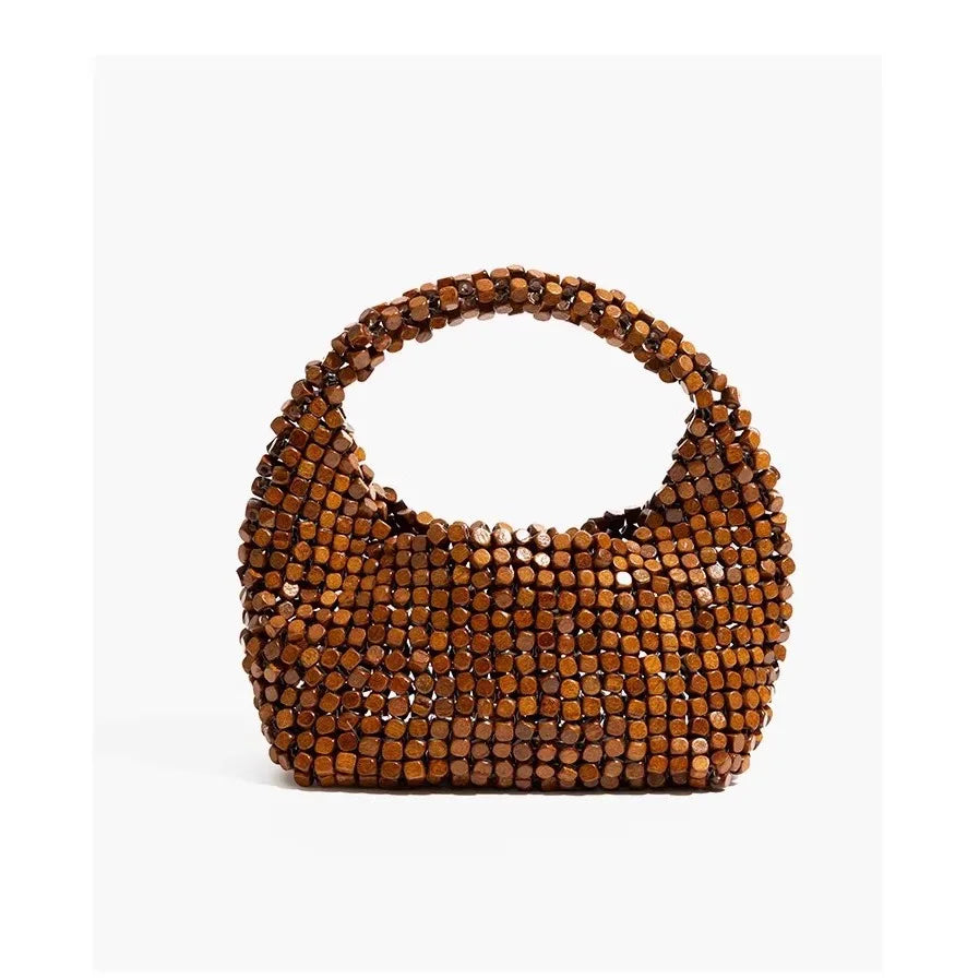Vintage niche wooden beaded handbag 2026 new handwoven shoulder messenger bag summer beach bag