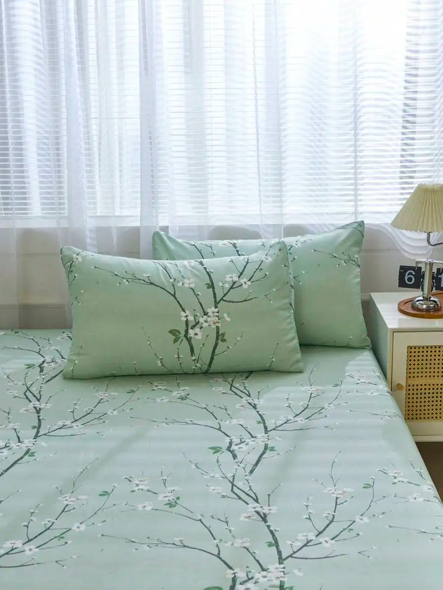 4PCS Mint Green Cherry Blossom Floral Bedding Set, Microfiber Sheet Set with 2 Pillow Shams