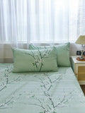 4PCS Mint Green Cherry Blossom Floral Bedding Set, Microfiber Sheet Set with 2 Pillow Shams