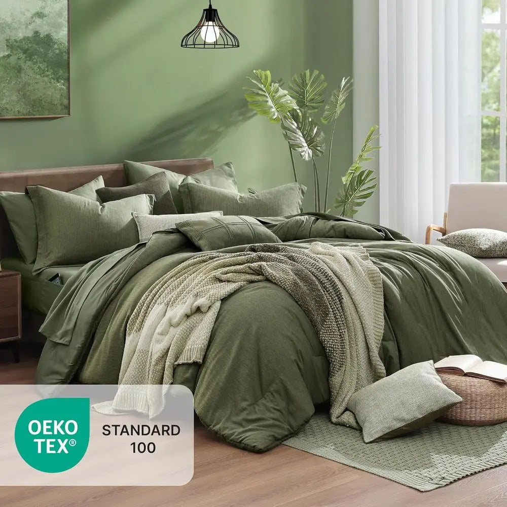 Olive Green Queen Bedding Set with 7-Piece Cationic Dyed Comforter, Sheets, Pillowcases, and Shams