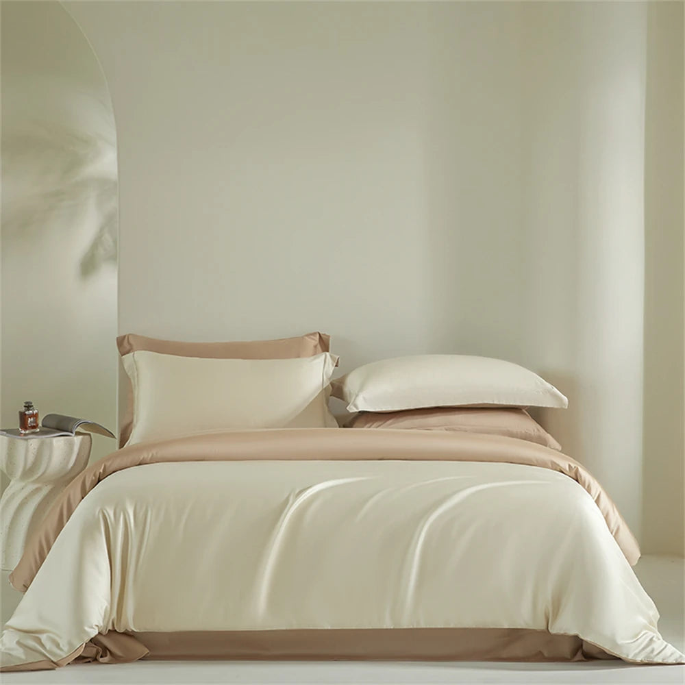 Liv-Esthete Double Color Noble 100% Silk Bedding Set Silky Green Queen King Duvet Cover Flat Sheet Pillowcase Bed Linen Set