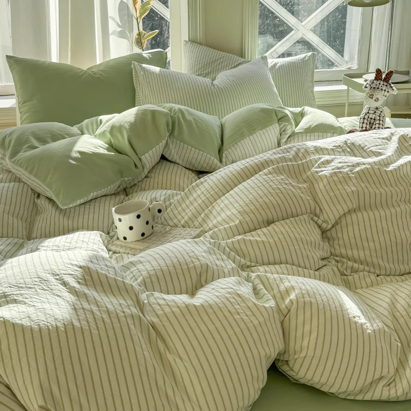 Pure Washed Cotton Stripe Style Bedding Set Simple Ins Duvet Cover Set Ultra Soft Comfortable Bed Sheet Set Bed Linen Pillowcase