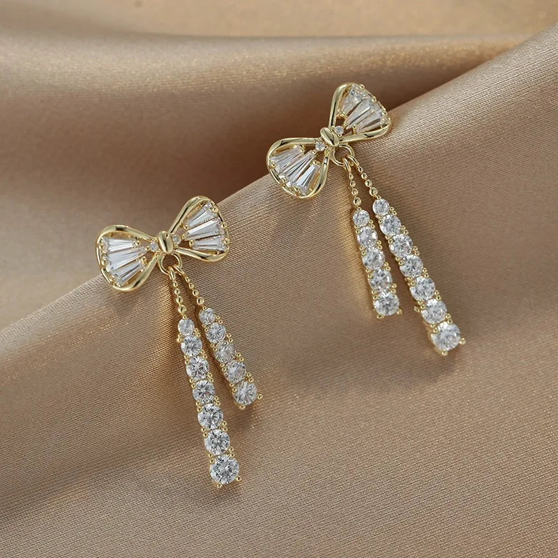 Korean jewelry niche design full diamond bow tie tassel earrings elegant flash diamond temperament earrings rings
