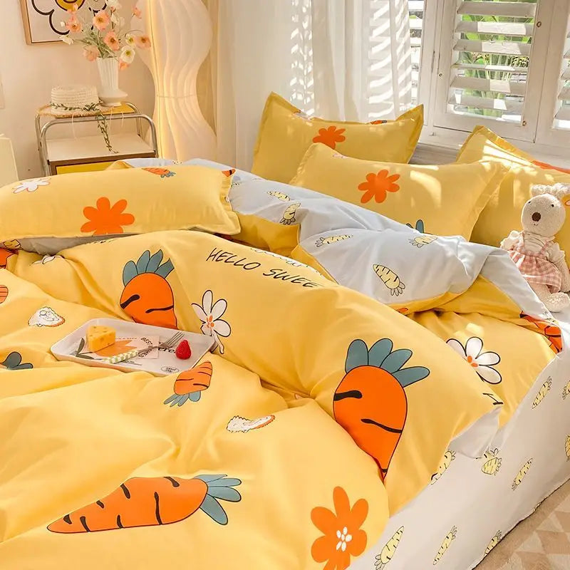Cute Rabbit Bedding Set Flat Sheet Duvet Cover Pillowcases Single Double Queen Size Bed Linen Boys Girls Home Textile
