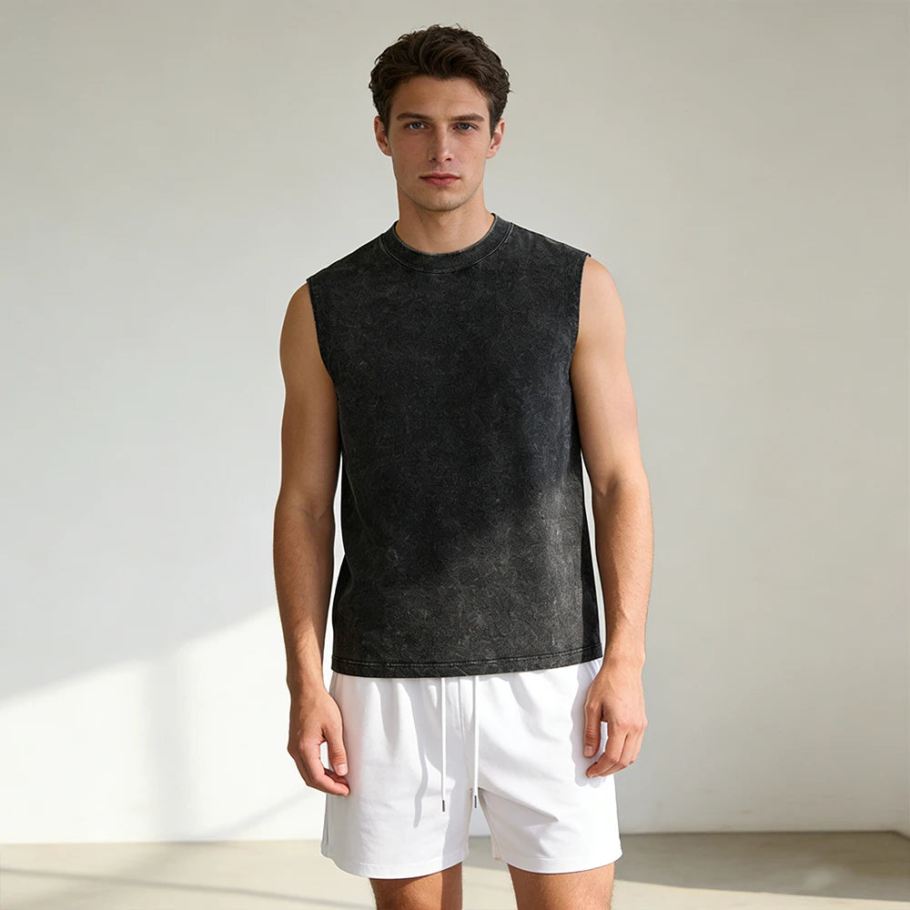 Summer Unisex Vintage Solid Washed Vest and Shorts Suit Casual Streetwear Black Sleeveless Top and Gym Jogging Shorts Outfits