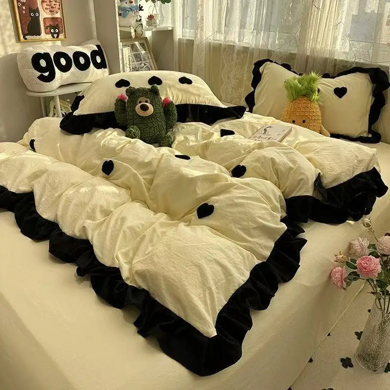 Ins Pink Bow Bedding Set Ruffles Duvet Cover Set Flat Sheet Set Women Girls Princess Bed Linen Set Single Twin Queen Bedclothes