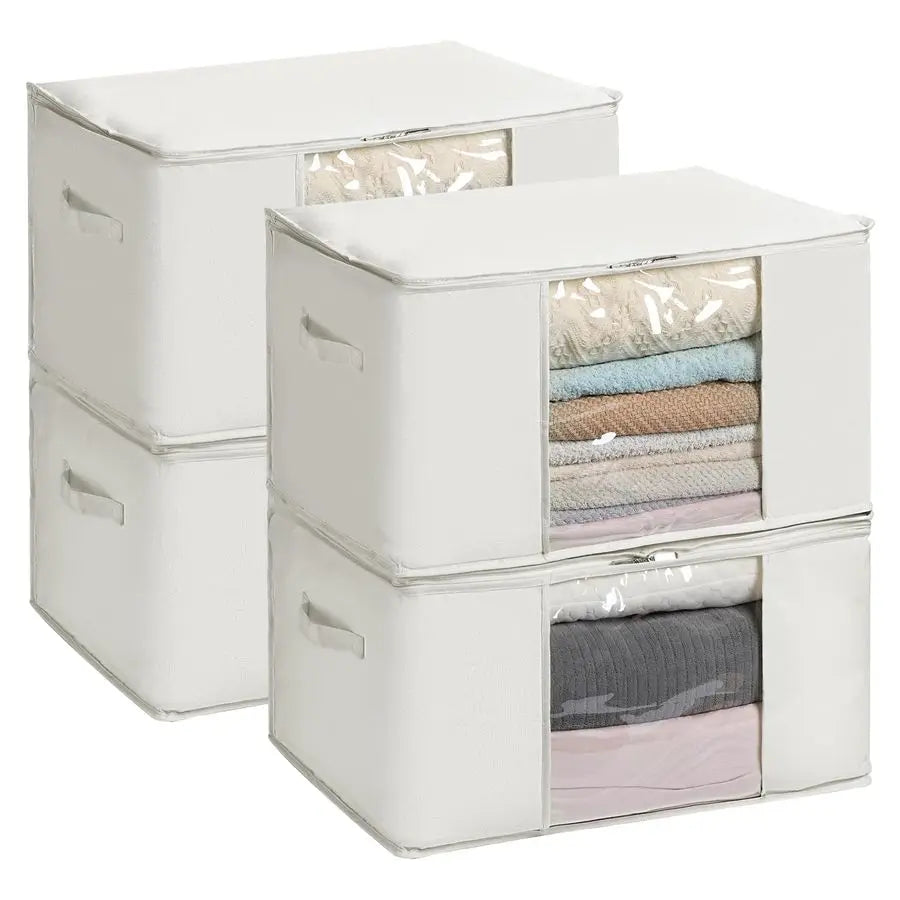 Large Storage Bags with Zipper and Clear Window, Cotton Blended Fabric Storage Containers for Seasonal Clothes and Bedding, 23.6