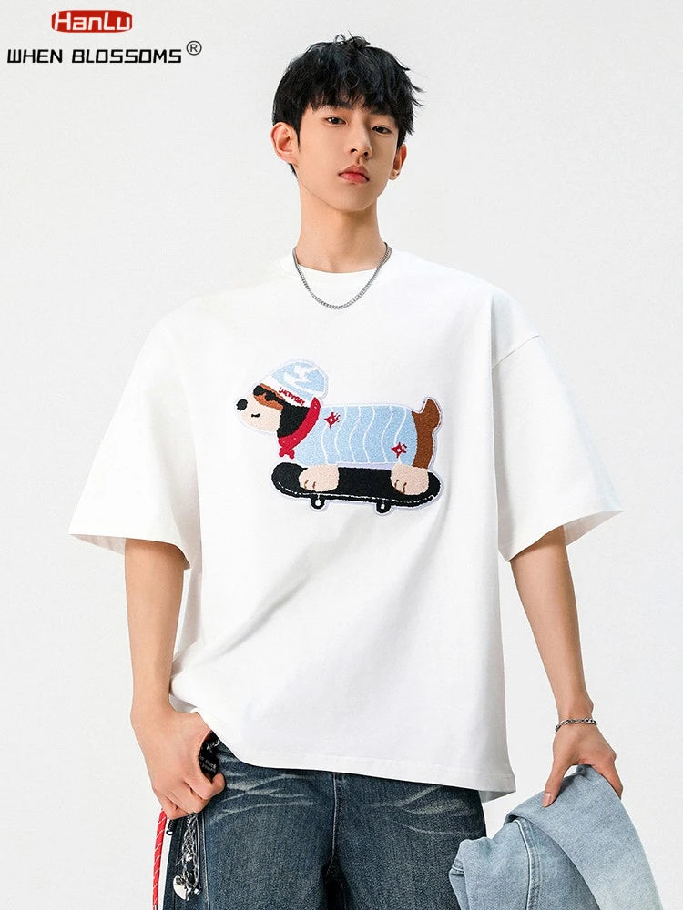 Summer Men's Cotton T-Shirt Cute Dog Embroidery Japanese Style Oversized Couple Tee Streetwear Casual Short Sleeve Loose Fit