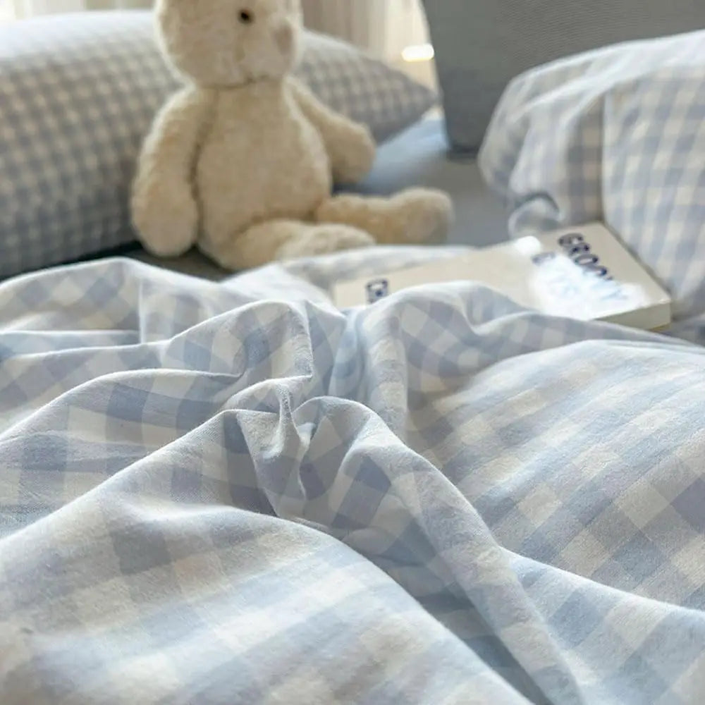 Queen Size Blue White Plaid Duvet Cover Set, Soft Breathable Microfiber Bedding with Pillow Shams