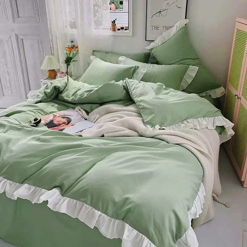 Ins Princess Style Bedding Set For Woman Cute Girl Solid Color Ruffles Duvet Cover Queen King Bed Sheet Bed Skirt Pillow Covers