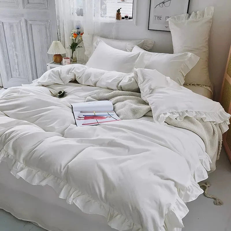 Ins Princess Style Bedding Set For Woman Cute Girl Solid Color Ruffles Duvet Cover Queen King Bed Sheet Bed Skirt Pillow Covers