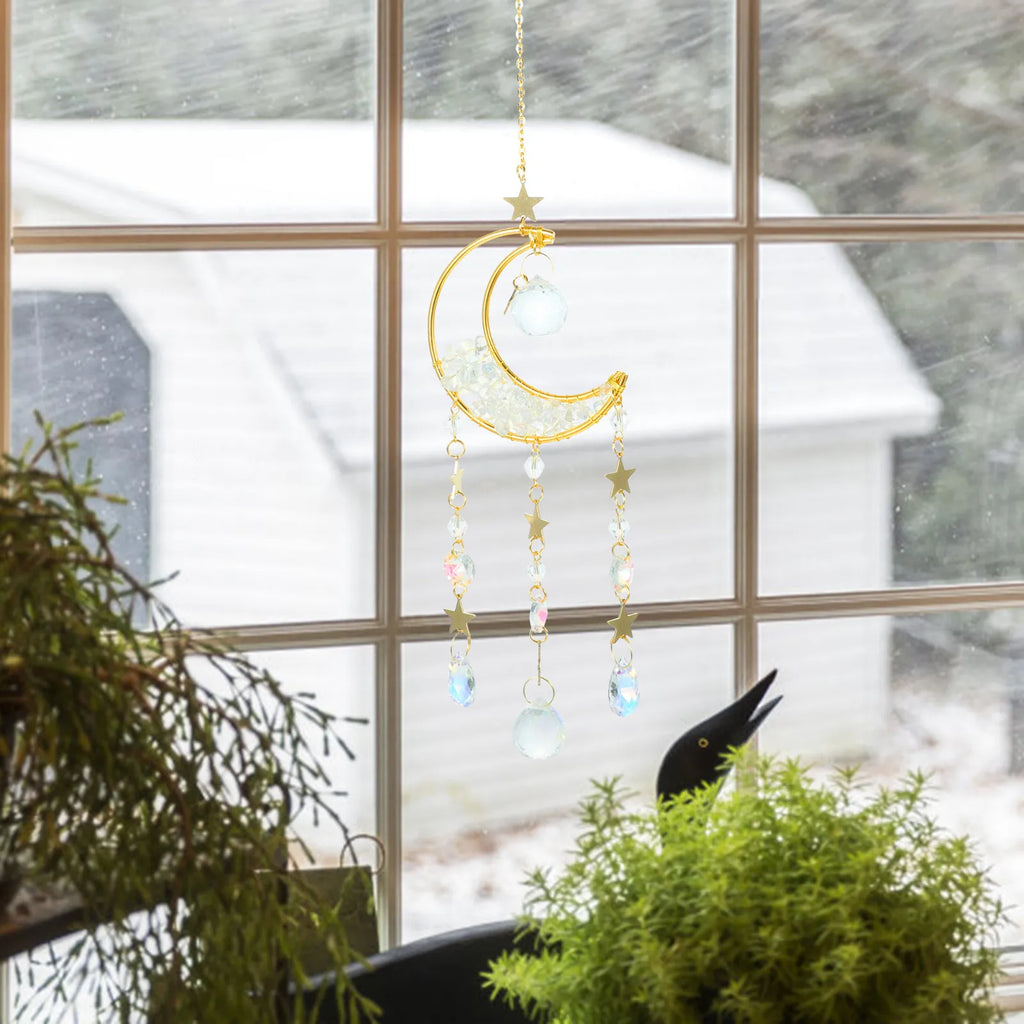 Moon Shaped Glass Hanging Suncatcher for Windows Home Bedroom Garden Decor Sun Catcher Ornament Gift for Women Rainbow Glass