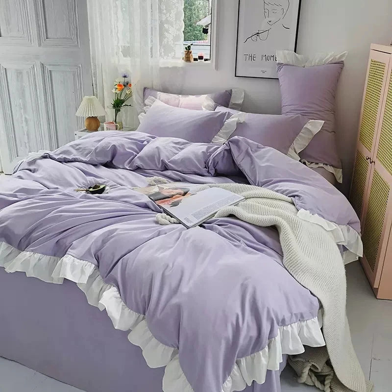 Ins Princess Style Bedding Set For Woman Cute Girl Solid Color Ruffles Duvet Cover Queen King Bed Sheet Bed Skirt Pillow Covers