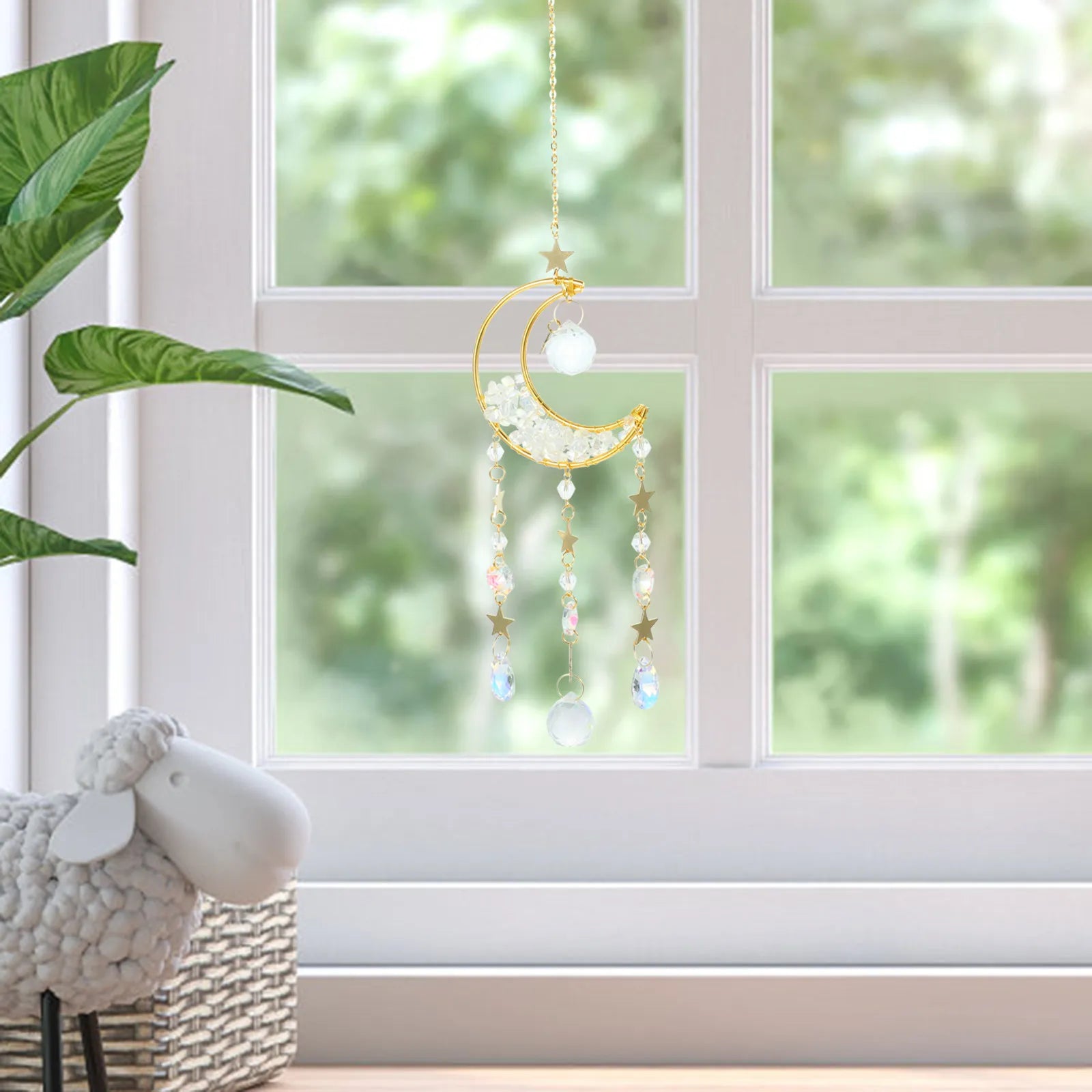 Moon Shaped Glass Hanging Suncatcher for Windows Home Bedroom Garden Decor Sun Catcher Ornament Gift for Women Rainbow Glass