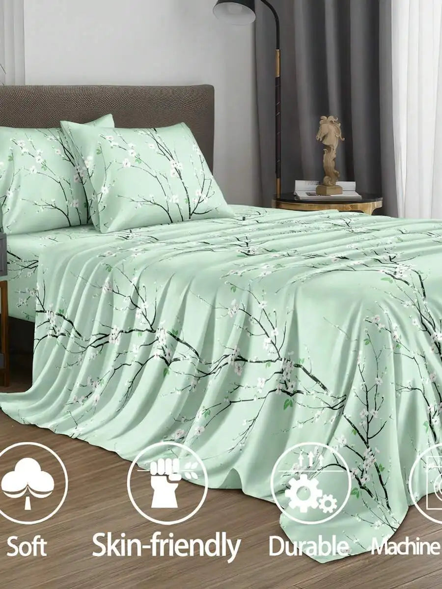 4PCS Mint Green Cherry Blossom Floral Bedding Set, Microfiber Sheet Set with 2 Pillow Shams