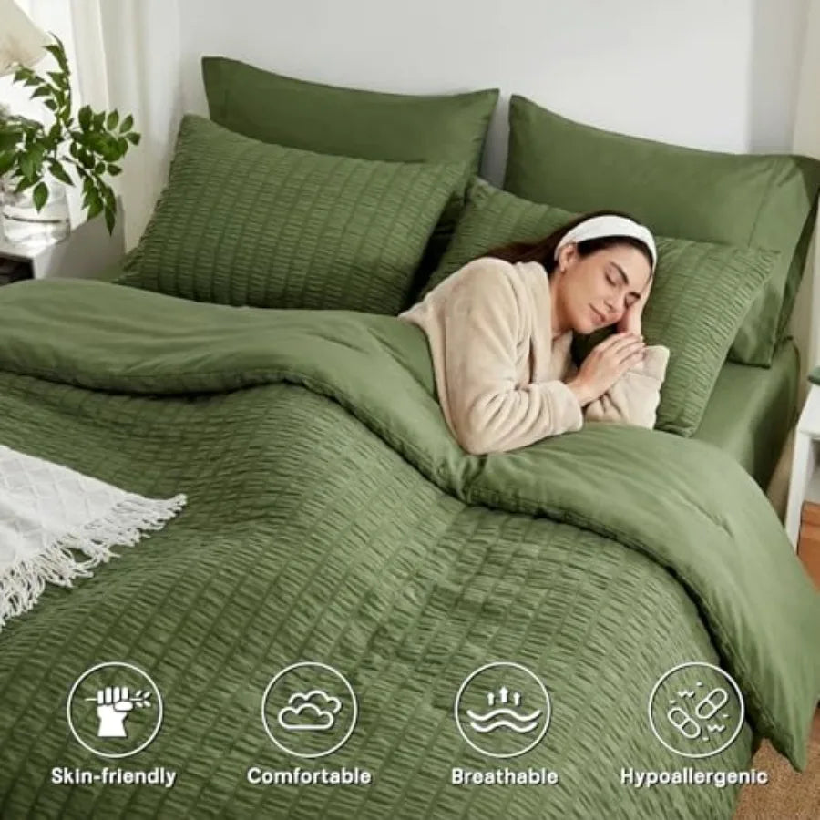 Queen Comforter Set 7 Pieces Olive Green Seersucker Bed in a Bag with Comforter and Sheets All Season Bedding Sets with 1 Comfo