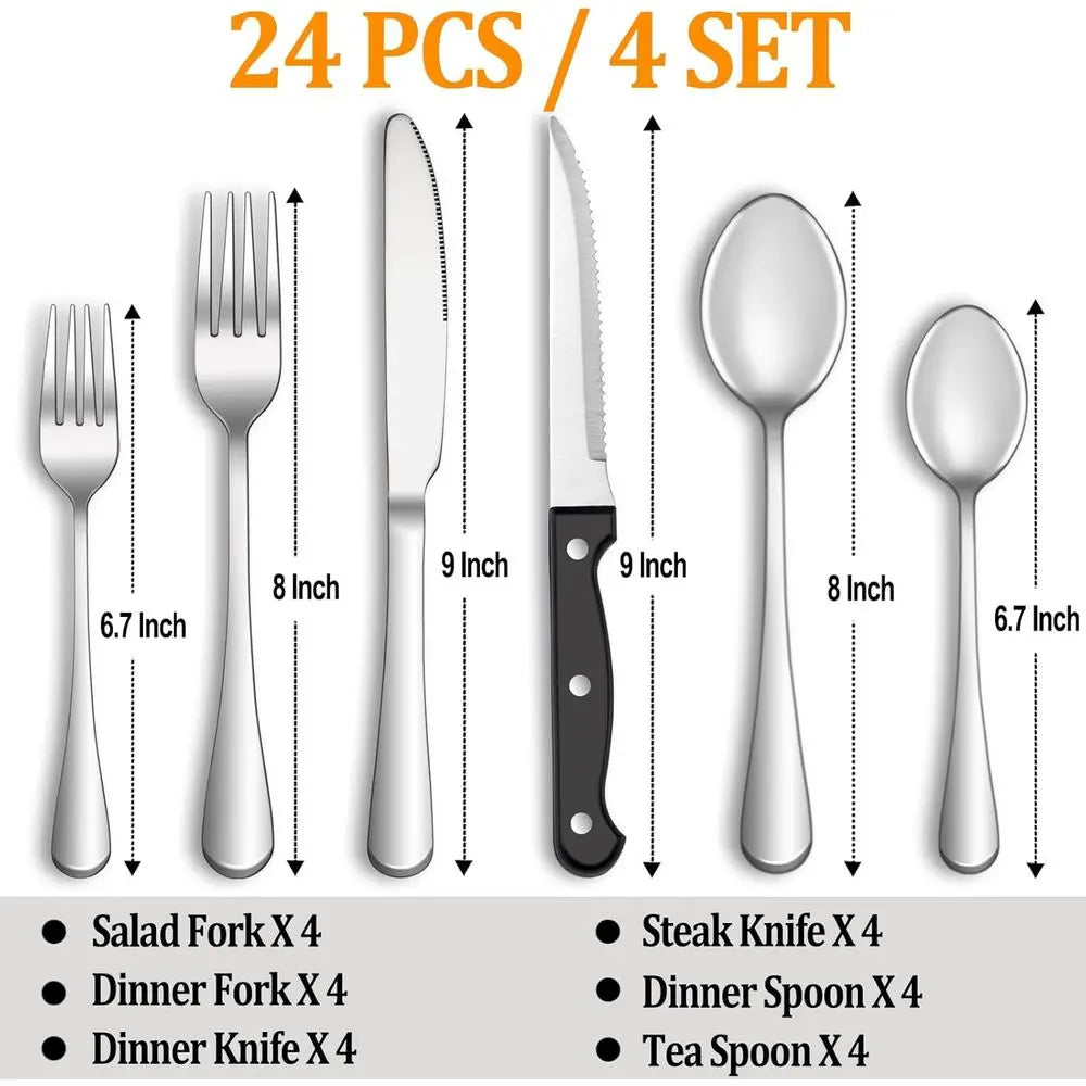 Silverware Set with Steak Knives Service or 4,StainlSteel latware, Mirror Polished Cutlery Utensil Set or Home Kitchen Eating Ta