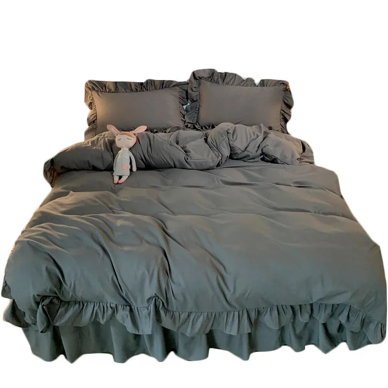 Ins Princess Style Bedding Set For Woman Cute Girl Solid Color Ruffles Duvet Cover Queen King Bed Sheet Bed Skirt Pillow Covers