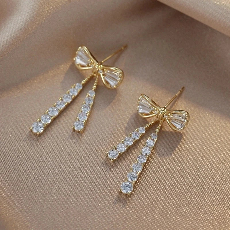 Korean jewelry niche design full diamond bow tie tassel earrings elegant flash diamond temperament earrings rings