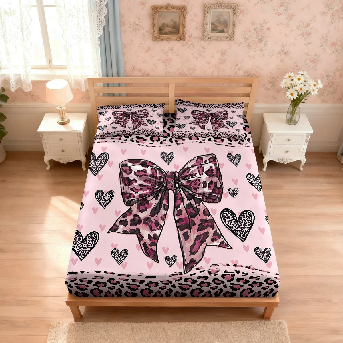 3pcs Leopard Print Bow Print Coreless Bed Sheet Set, Multi Size Comfortable Bed Cover, Bedroom Bedding Decoration