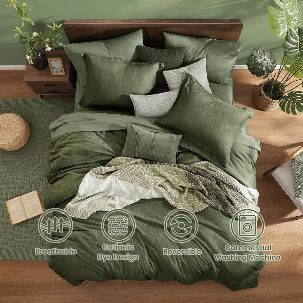 Olive Green Queen Bedding Set with 7-Piece Cationic Dyed Comforter, Sheets, Pillowcases, and Shams