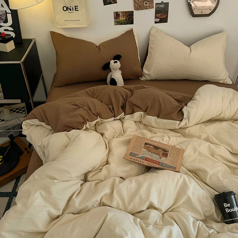 Washed Cotton Bedding Set with Pillowcase bed sheet Single Full Size Bed Linen Duvet Cover Set Queen/King Double Single Bed