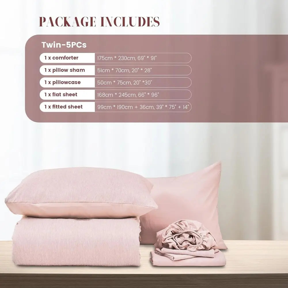 Pink 5-Piece Twin Bedding Set for Dorms: Comforter, Pillow Shams, Pillowcases, Sheets