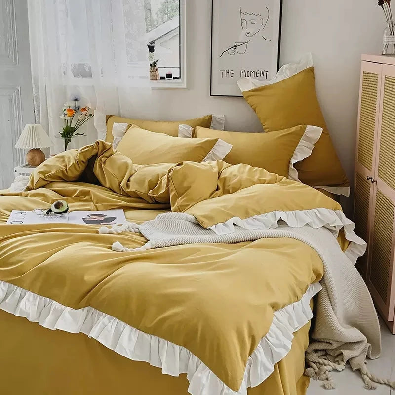 Ins Princess Style Bedding Set For Woman Cute Girl Solid Color Ruffles Duvet Cover Queen King Bed Sheet Bed Skirt Pillow Covers