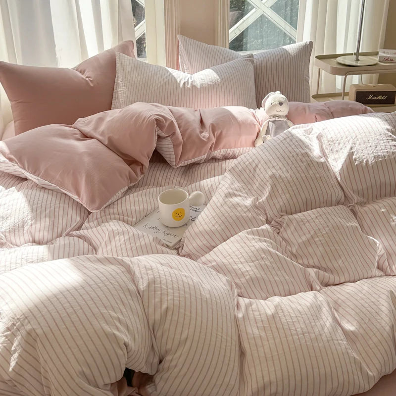 Pure Washed Cotton Stripe Style Bedding Set Simple Ins Duvet Cover Set Ultra Soft Comfortable Bed Sheet Set Bed Linen Pillowcase