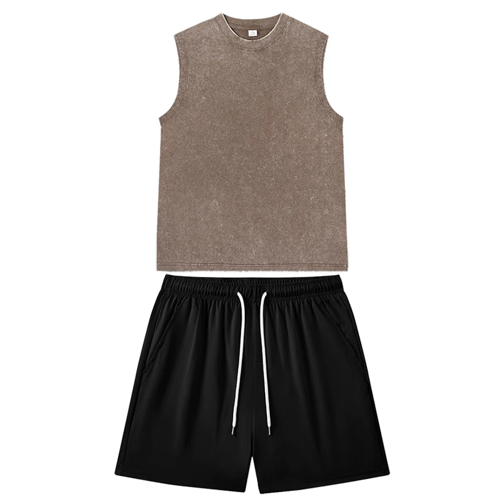 Summer Unisex Vintage Solid Washed Vest and Shorts Suit Casual Streetwear Black Sleeveless Top and Gym Jogging Shorts Outfits