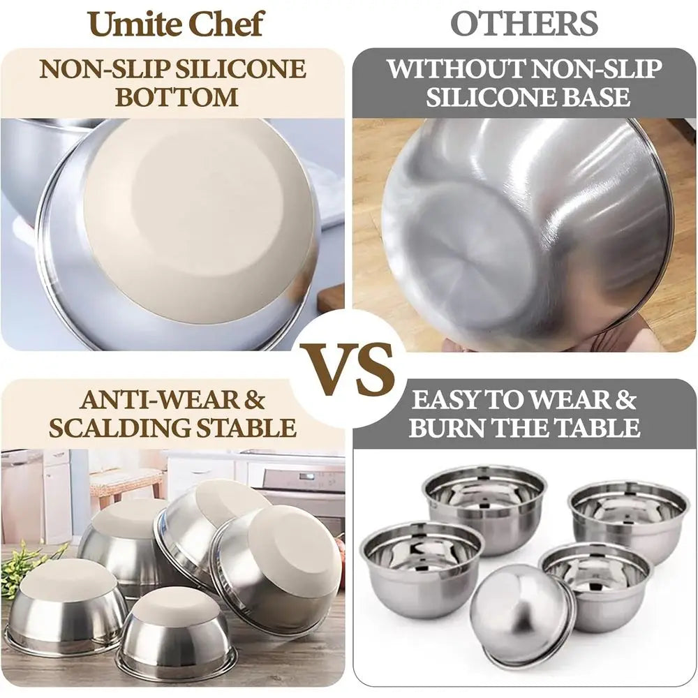 Mixing Bowls with Airtight Lids Set, 8PCS StainlSteel Khaki Nesting Bowls with Grater Attachments, Kitchen Bowls with Non-Slip B