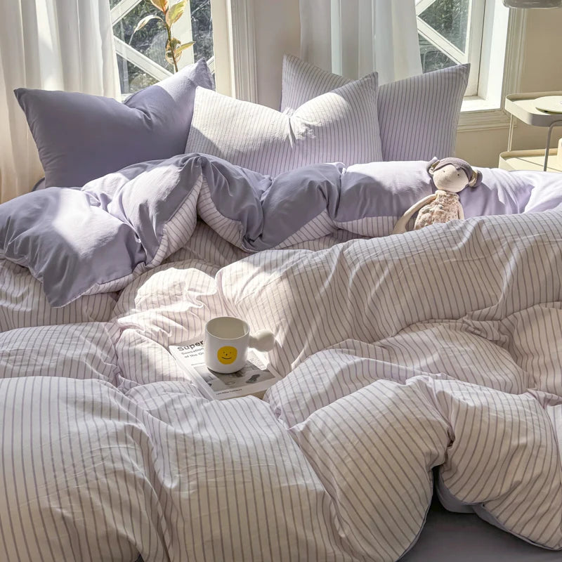 Pure Washed Cotton Stripe Style Bedding Set Simple Ins Duvet Cover Set Ultra Soft Comfortable Bed Sheet Set Bed Linen Pillowcase