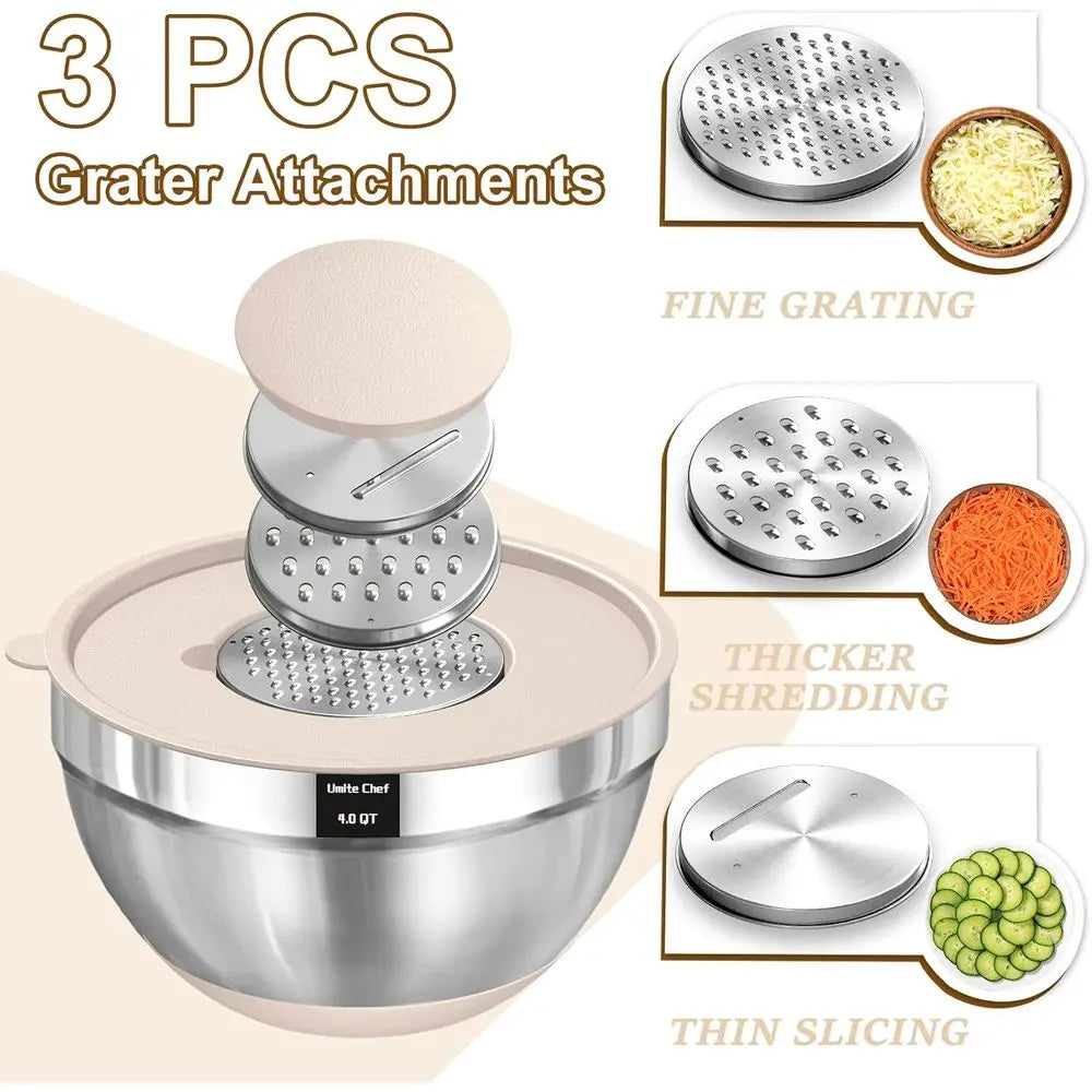 Mixing Bowls with Airtight Lids Set, 8PCS StainlSteel Khaki Nesting Bowls with Grater Attachments, Kitchen Bowls with Non-Slip B