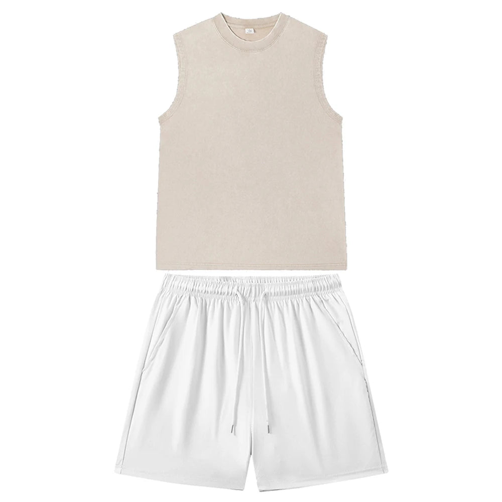Summer Unisex Vintage Solid Washed Vest and Shorts Suit Casual Streetwear Black Sleeveless Top and Gym Jogging Shorts Outfits