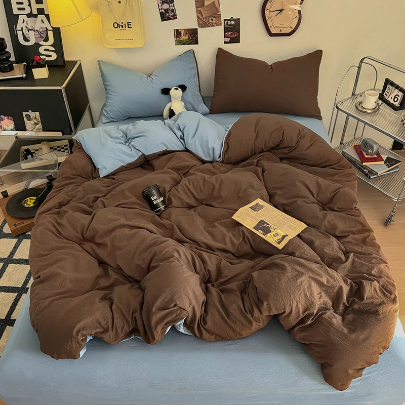 Washed Cotton Bedding Set with Pillowcase bed sheet Single Full Size Bed Linen Duvet Cover Set Queen/King Double Single Bed