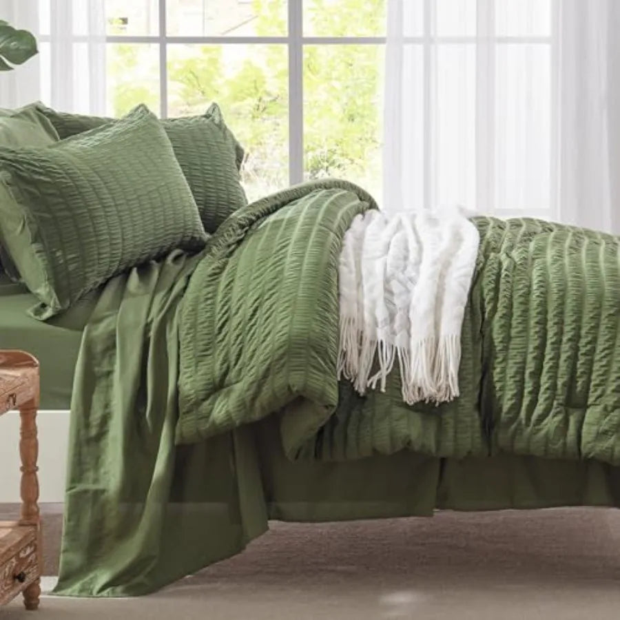 Queen Comforter Set 7 Pieces Olive Green Seersucker Bed in a Bag with Comforter and Sheets All Season Bedding Sets with 1 Comfo