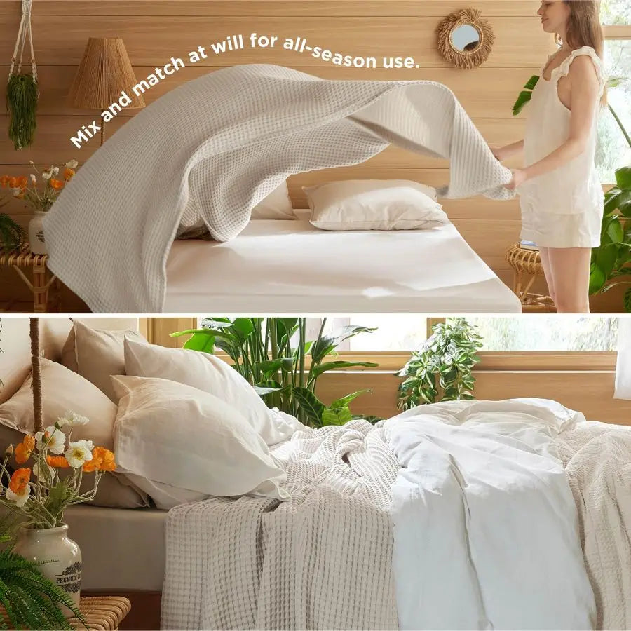 100 Cotton Blanket Queen Size for Spring Summer, Waffle Weave Thin Lightweight Breathable Blanket for Bed, Cotton Bedding Room D