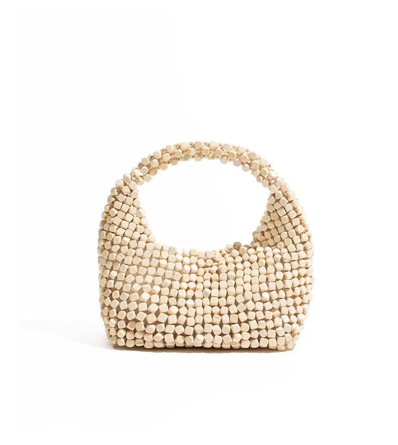 Vintage niche wooden beaded handbag 2026 new handwoven shoulder messenger bag summer beach bag