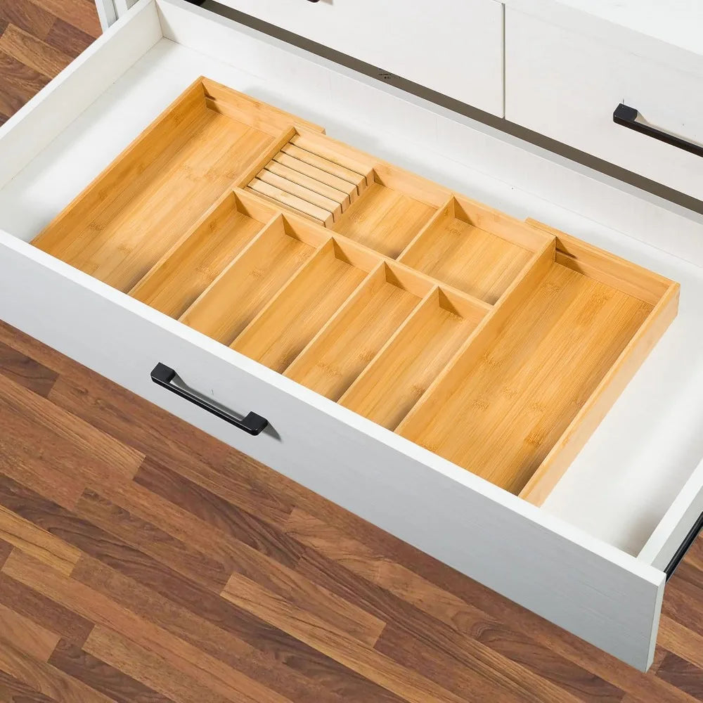 Extra Large Kitchen Utensil Holder, Bamboo Silverware Drawer Organizer, Expandable Cutlery Organizer with Knife Block