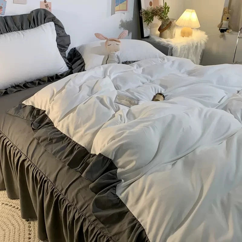 Ins Princess Style Bedding Set For Woman Cute Girl Solid Color Ruffles Duvet Cover Queen King Bed Sheet Bed Skirt Pillow Covers
