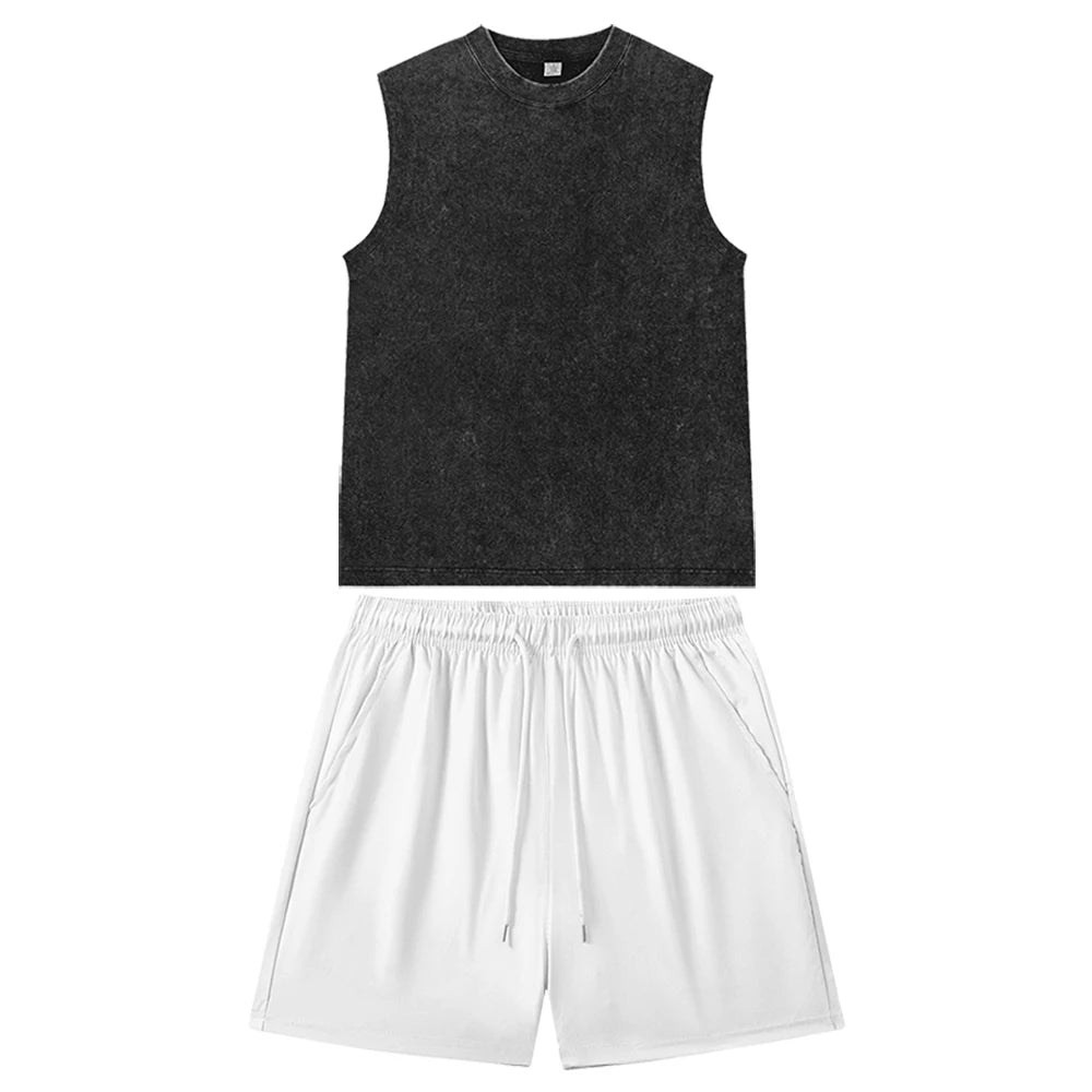Summer Unisex Vintage Solid Washed Vest and Shorts Suit Casual Streetwear Black Sleeveless Top and Gym Jogging Shorts Outfits