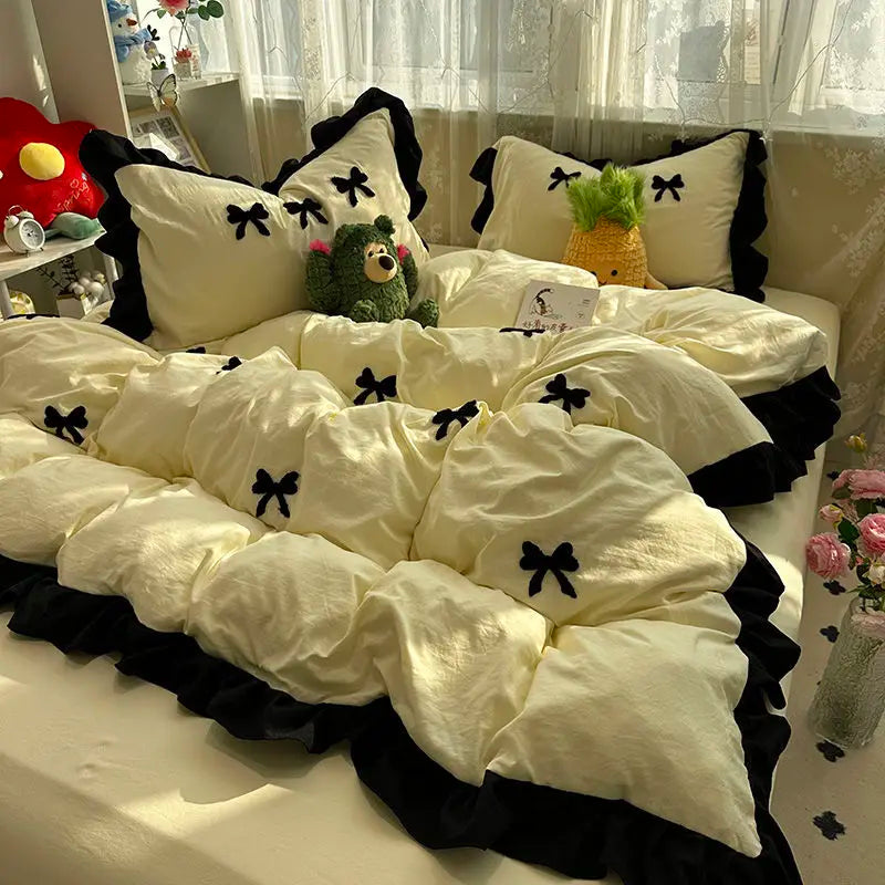 Ins Pink Bow Bedding Set Ruffles Duvet Cover Set Flat Sheet Set Women Girls Princess Bed Linen Set Single Twin Queen Bedclothes