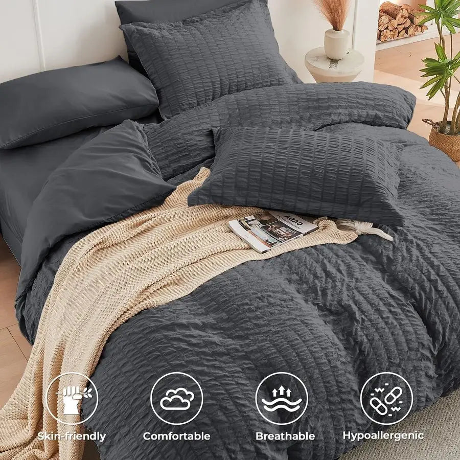 Queen Comforter Set Seersucker 7 Pieces, All Season Luxury Bed in a Bag for Bedroom, Bedding Set with Comforters, Sheets, Pillow