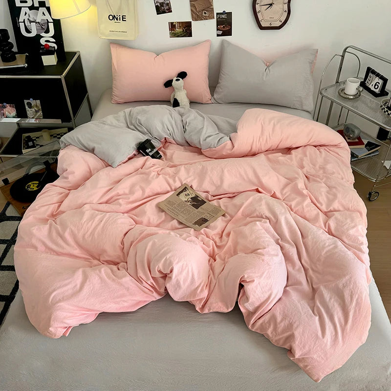 Washed Cotton Bedding Set with Pillowcase bed sheet Single Full Size Bed Linen Duvet Cover Set Queen/King Double Single Bed