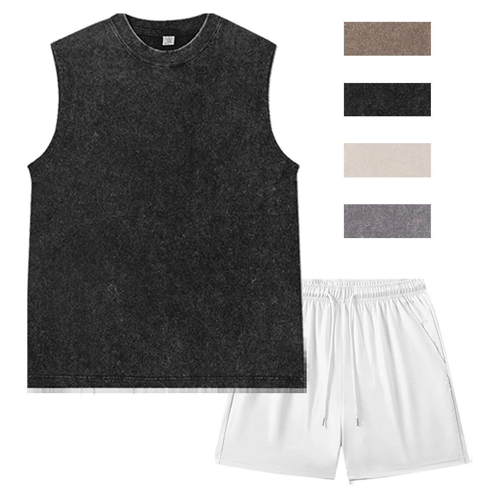 Summer Unisex Vintage Solid Washed Vest and Shorts Suit Casual Streetwear Black Sleeveless Top and Gym Jogging Shorts Outfits