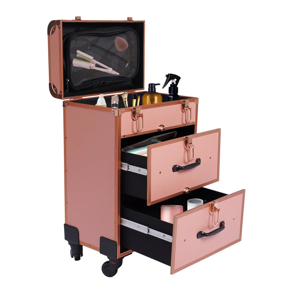 Rolling Makeup Case Large Cosmetic Trolley with Locks & Dividers Aluminum Alloy Frame Frosted Universal Wheel Retractable Handle