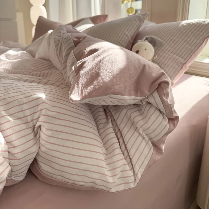 Pure Washed Cotton Stripe Style Bedding Set Simple Ins Duvet Cover Set Ultra Soft Comfortable Bed Sheet Set Bed Linen Pillowcase