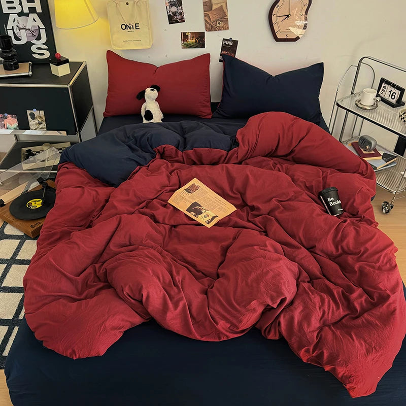 Washed Cotton Bedding Set with Pillowcase bed sheet Single Full Size Bed Linen Duvet Cover Set Queen/King Double Single Bed