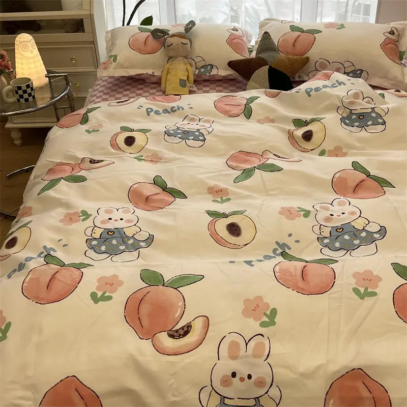Cute Rabbit Bedding Set Flat Sheet Duvet Cover Pillowcases Single Double Queen Size Bed Linen Boys Girls Home Textile