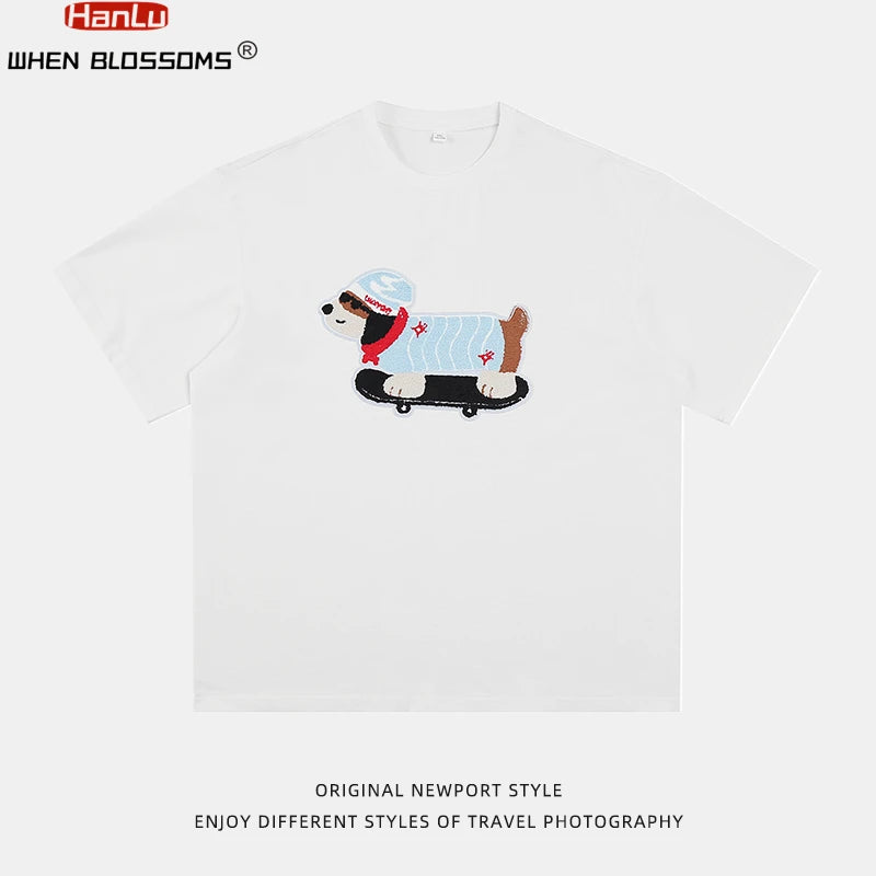 Summer Men's Cotton T-Shirt Cute Dog Embroidery Japanese Style Oversized Couple Tee Streetwear Casual Short Sleeve Loose Fit